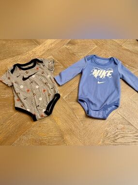 Nike Baby Bodysuit Set 6M Gray Sports Print & Blue Dri-FIT Long Sleeve Onesies